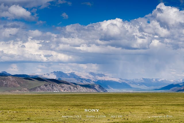 Expansive grassland with distant mountain range under dramatic cloudy sky